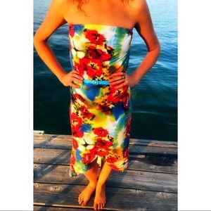 Strapless Floral Maxi Dress High-Low Fishtail Hem